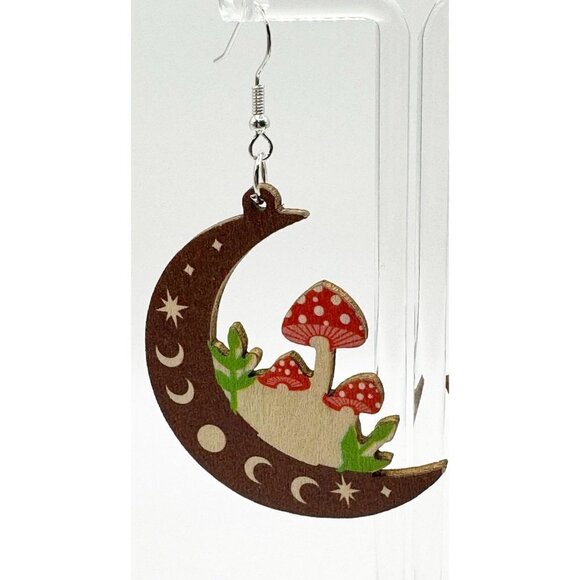 Hippie Moon Mushroom Wooden Earrings Light Wearing NWT - Picture 2 of 4